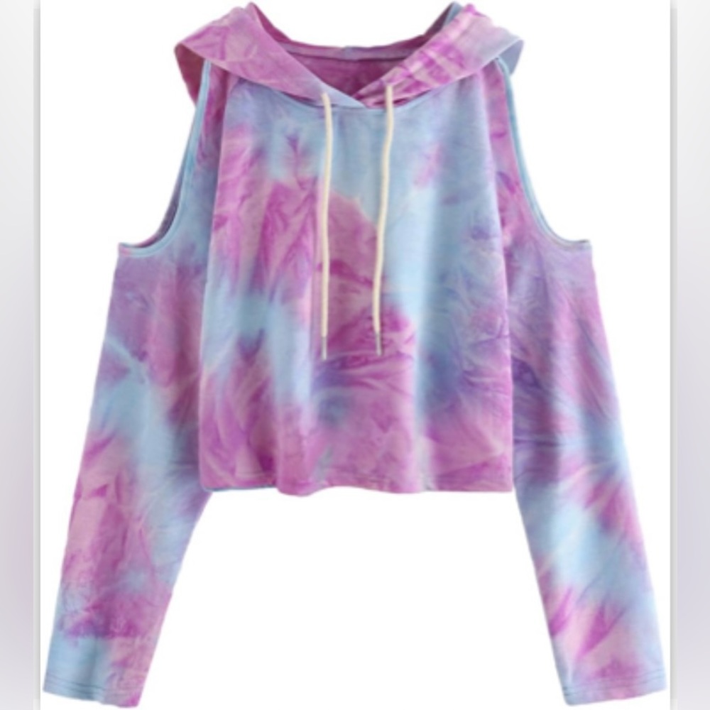 ⭐️HP⭐️Cold-shoulder crop hoodie tie dye sweatshirt